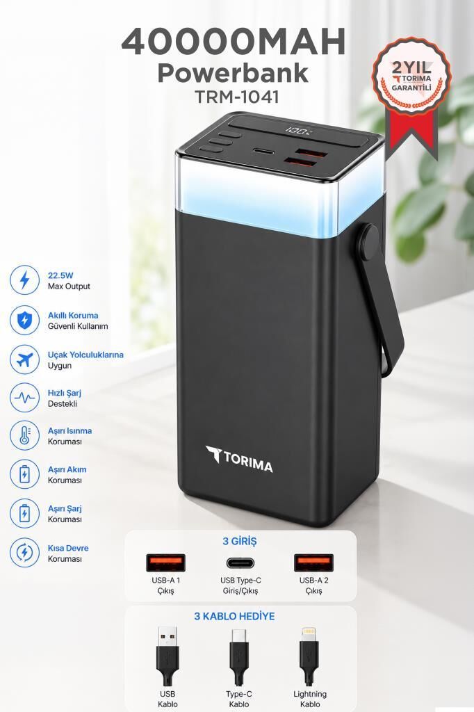 Taşınabilir Batarya 40000 Mah Type-C Lightning Hızlı Şarj Rgb Işıklı 22,5W Powerbank TRM-1041 Siyah