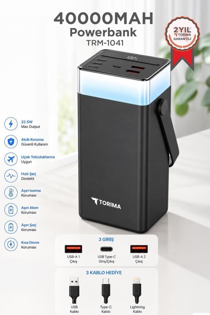 Taşınabilir Batarya 40000 Mah Type-C Lightning Hızlı Şarj Rgb Işıklı 22,5W Powerbank TRM-1041 Siyah