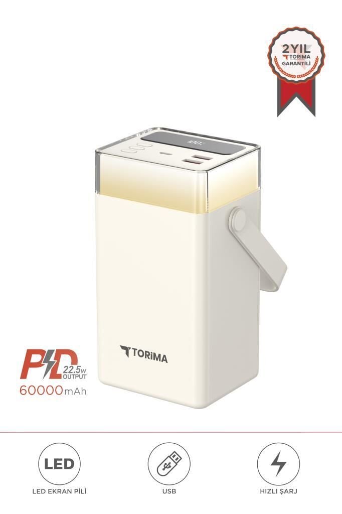 Torima TRM-1061 Beyaz 60.000 mAh Type-C Lightning 22,5 W Hızlı Şarj RGB Led Işıklı Powerbank