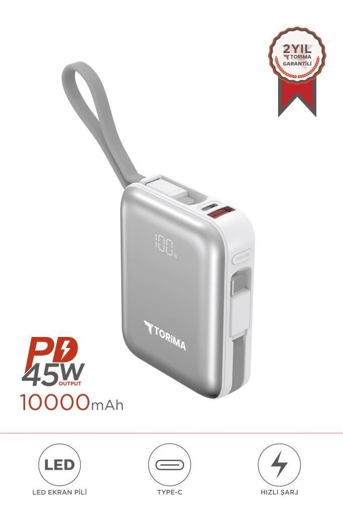 Taşınabilir Batarya 10000 Mah Type-C Lightning Hızlı Şarj Dijital Göstergeli 45W Powerbank TRM-1018 Beyaz