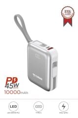 Taşınabilir Batarya 10000 Mah Type-C Lightning Hızlı Şarj Dijital Göstergeli 45W Powerbank TRM-1018 Beyaz
