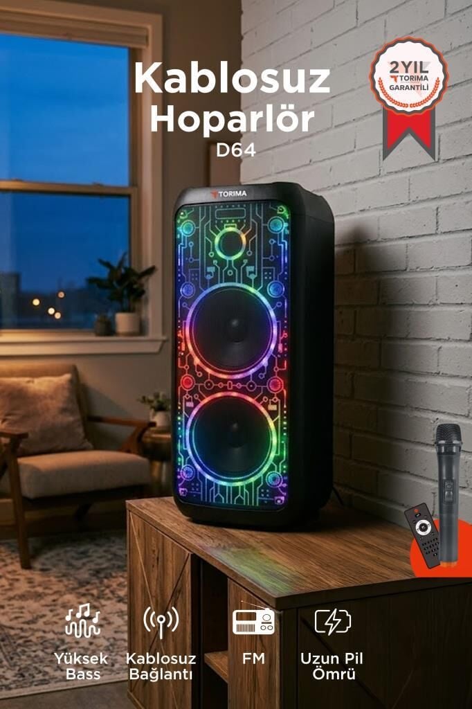 Bluetooth Hoparlör Mikrofonlu Kumandalı Rgb Işıklı Speaker D64 Siyah
