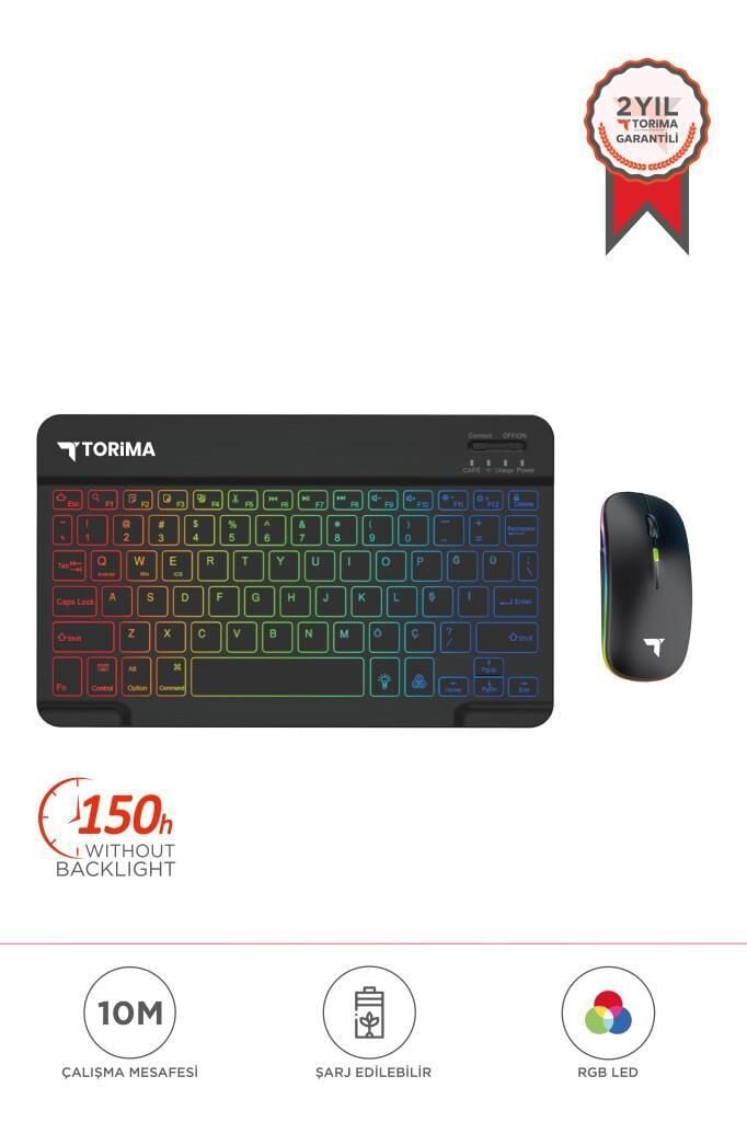 Kablosuz Klavye Mouse Seti Rgb Işıklı Şarj Edilebilir TMK09 Siyah