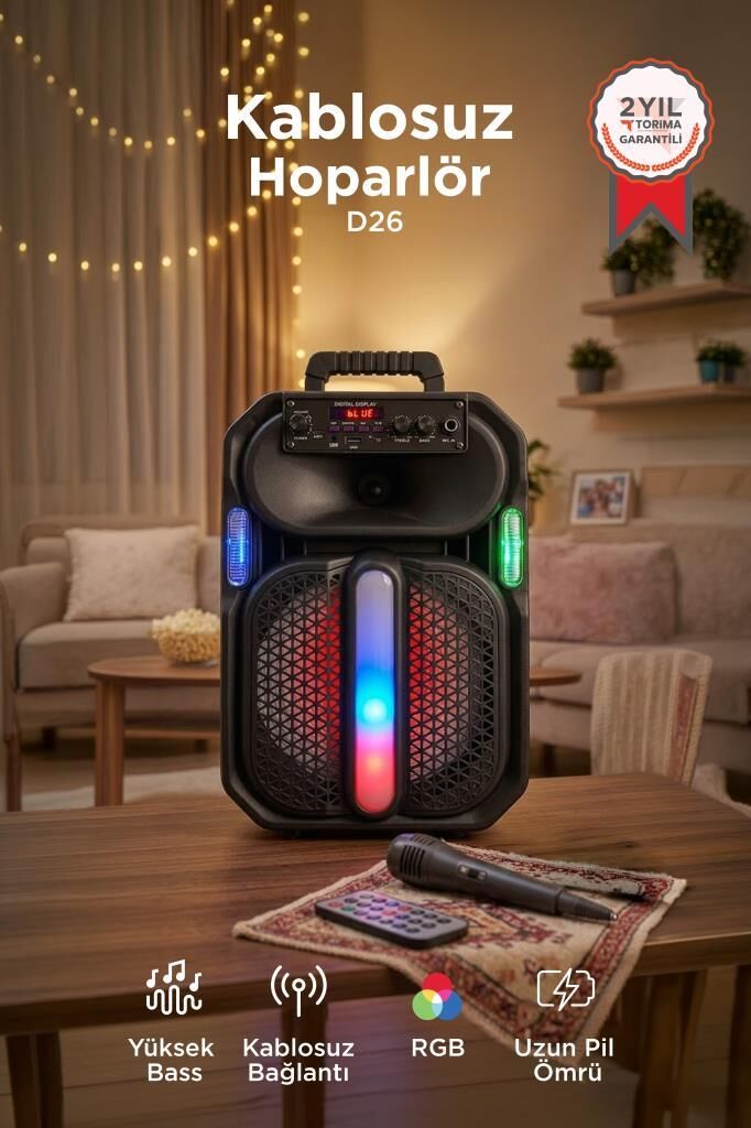 Bluetooth Hoparlör Rgb Işıklı Mikrofonlu Kumandalı Hoparlör D26 Siyah