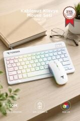 Kablosuz Klavye Mouse Seti Rgb Işıklı Şarj Edilebilir TMK09 Beyaz