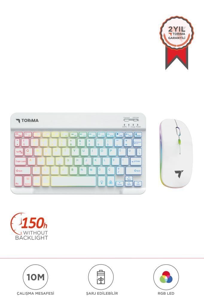 Torima TMK-09 Beyaz Şarj Edilebilir RGB Işıklı Kablosuz Klavye Mouse Seti