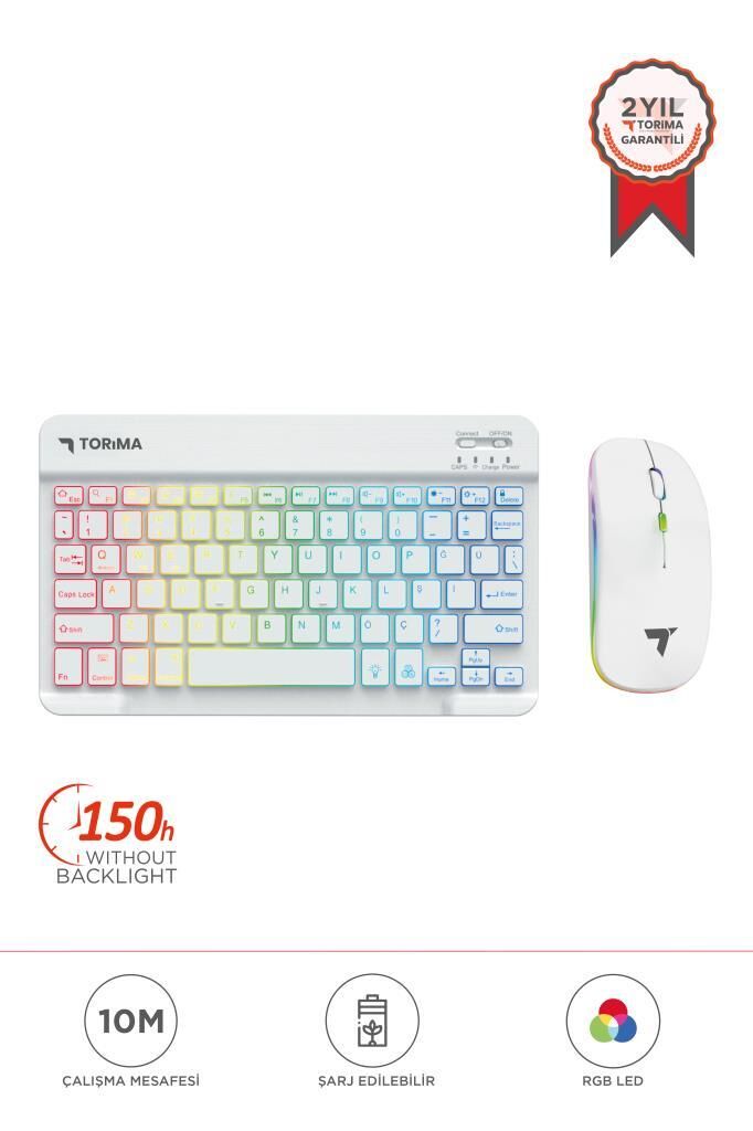 Kablosuz Klavye Mouse Seti Rgb Işıklı Şarj Edilebilir TMK09 Beyaz