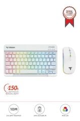 Kablosuz Klavye Mouse Seti Rgb Işıklı Şarj Edilebilir TMK09 Beyaz