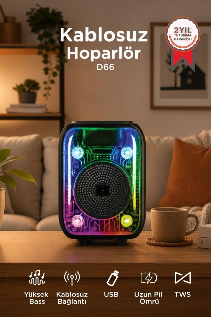 Bluetooth Hoparlör Kablolu Mikrofonlu Rgb Işıklı Speaker D66 Siyah