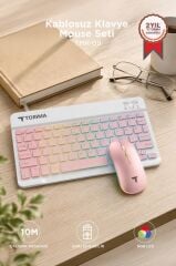 Kablosuz Klavye Mouse Seti Rgb Işıklı Şarj Edilebilir TMK09 Pembe