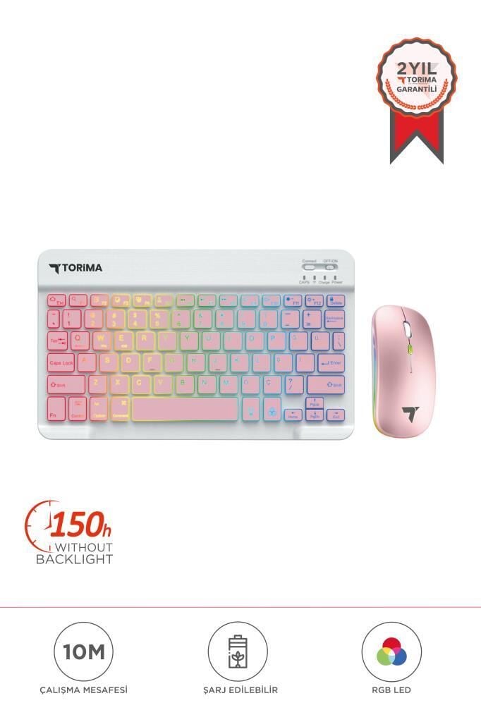 Torima TMK-09 Pembe Şarj Edilebilir RGB Işıklı Kablosuz Klavye Mouse Seti