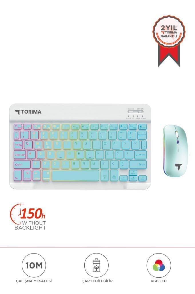 Kablosuz Klavye Mouse Seti Rgb Işıklı Şarj Edilebilir TMK09 Mavi
