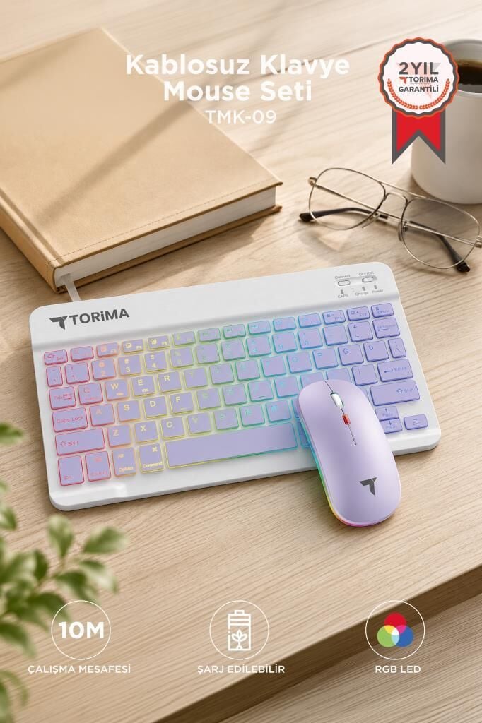 Kablosuz Klavye Mouse Seti Rgb Işıklı Şarj Edilebilir TMK09 Mor