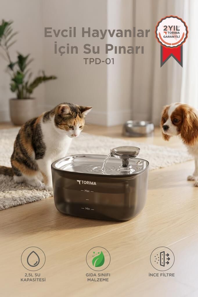 Kedi Köpek Su Pınarı Otomatik Filtreli Ultra Sessiz Su Çeşmesi TPD01 Siyah