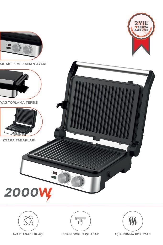 Torima TG-PRO300 Siyah-Gümüş 2000W Paslanmaz Çelik Tost Izgara Makinesi Çıkarılabilir Plaka