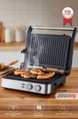 Tost Makinesi 2000W Paslanmaz Çelik Çıkarılabilir Plakalı Izgara Makinesi TG PRO300 Siyah Gümüş