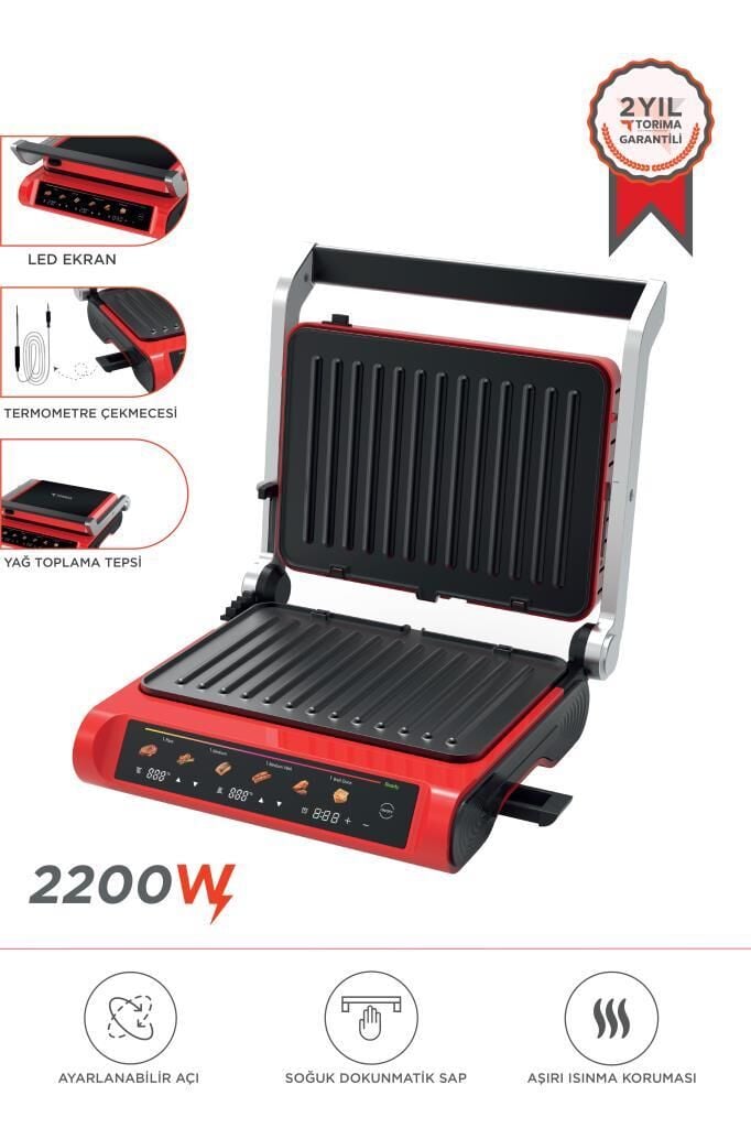 Tost Makinesi 2200W Dijital Ekranlı Çıkarılabilir Plakalı Izgara Makinesi TG PRO1000 Siyah Kırmızı