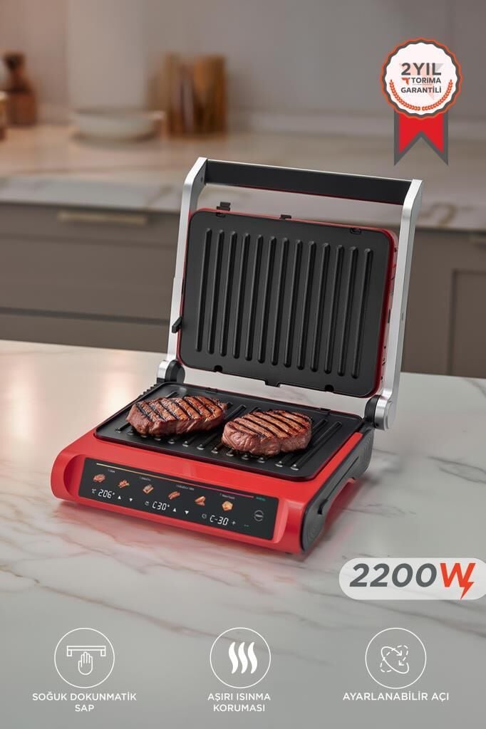 Tost Makinesi 2200W Dijital Ekranlı Çıkarılabilir Plakalı Izgara Makinesi TG PRO1000 Siyah Kırmızı