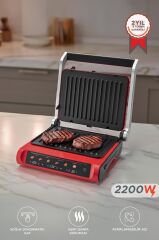 Tost Makinesi 2200W Dijital Ekranlı Çıkarılabilir Plakalı Izgara Makinesi TG PRO1000 Siyah Kırmızı