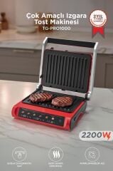 Tost Makinesi 2200W Dijital Ekranlı Çıkarılabilir Plakalı Izgara Makinesi TG PRO1000 Siyah Kırmızı