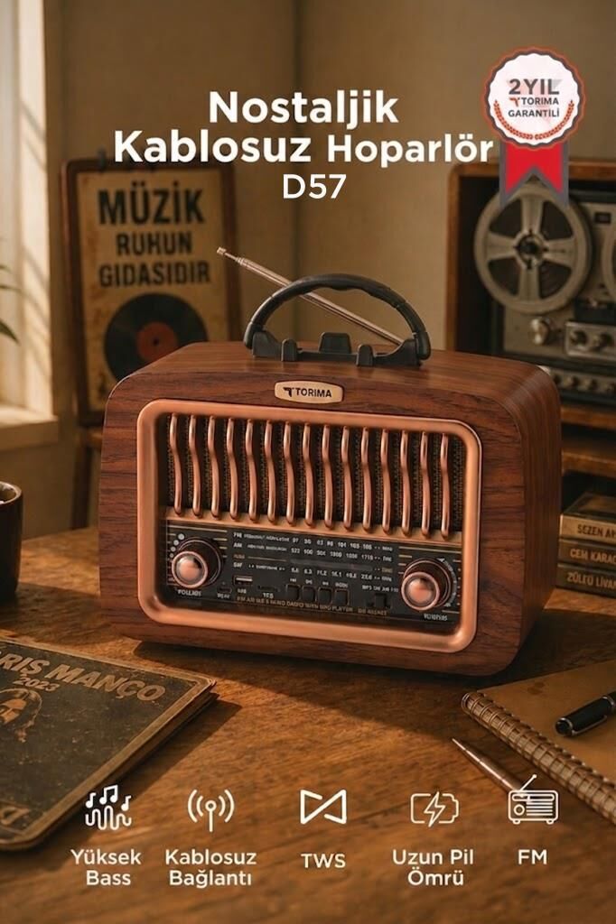 Bluetooth Hoparlör Nostaljik Radyo Kablosuz Speaker D57 Ahşap