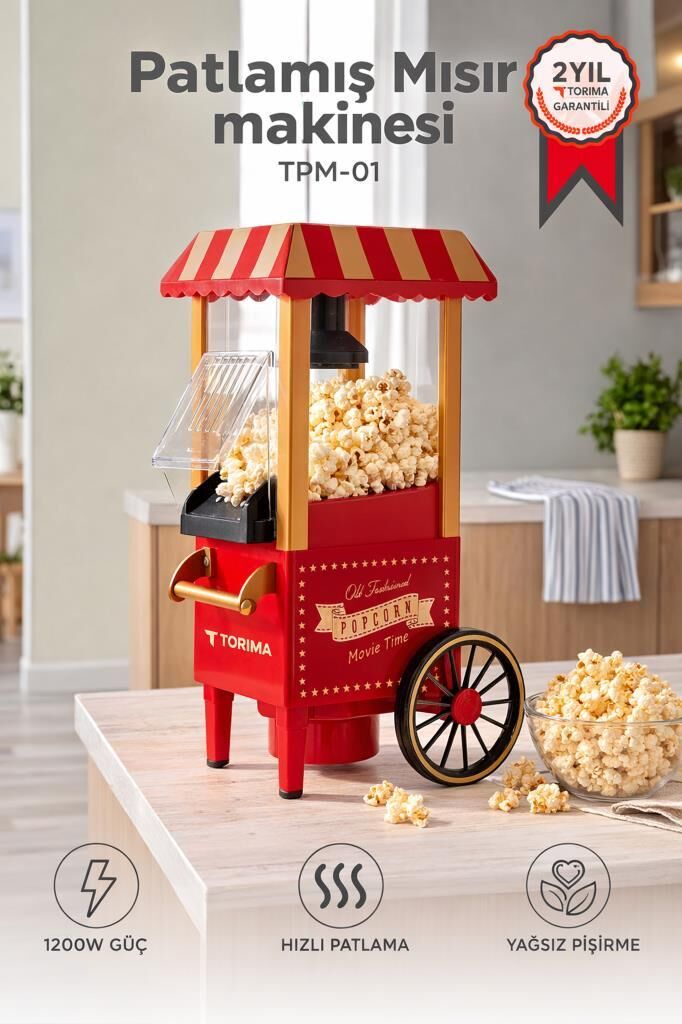Mısır Patlatma Makinesi Yağsız Ev Tipi Popcorn Makinesi TPM01 Kırmızı