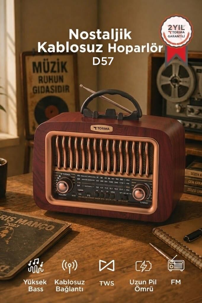 Bluetooth Hoparlör Nostaljik Radyo Kablosuz Speaker D57 Kahverengi