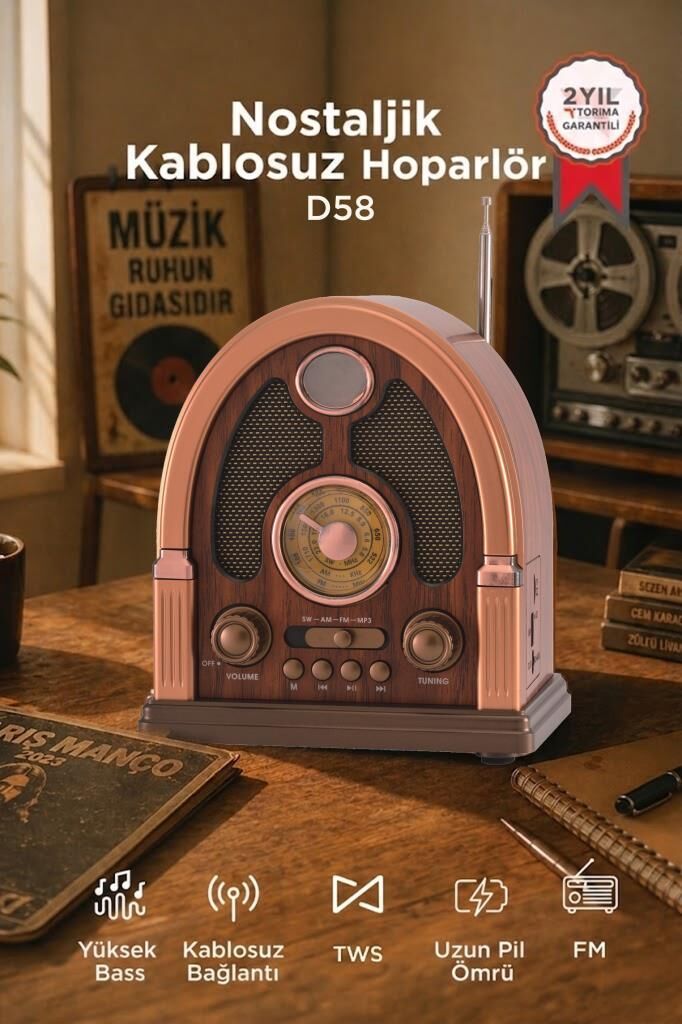 Bluetooth Hoparlör Nostaljik Radyo Kablosuz Speaker D58 Kahverengi