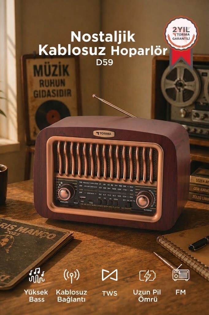 Bluetooth Hoparlör Nostaljik Radyo Kablosuz Speaker D59 Kahverengi