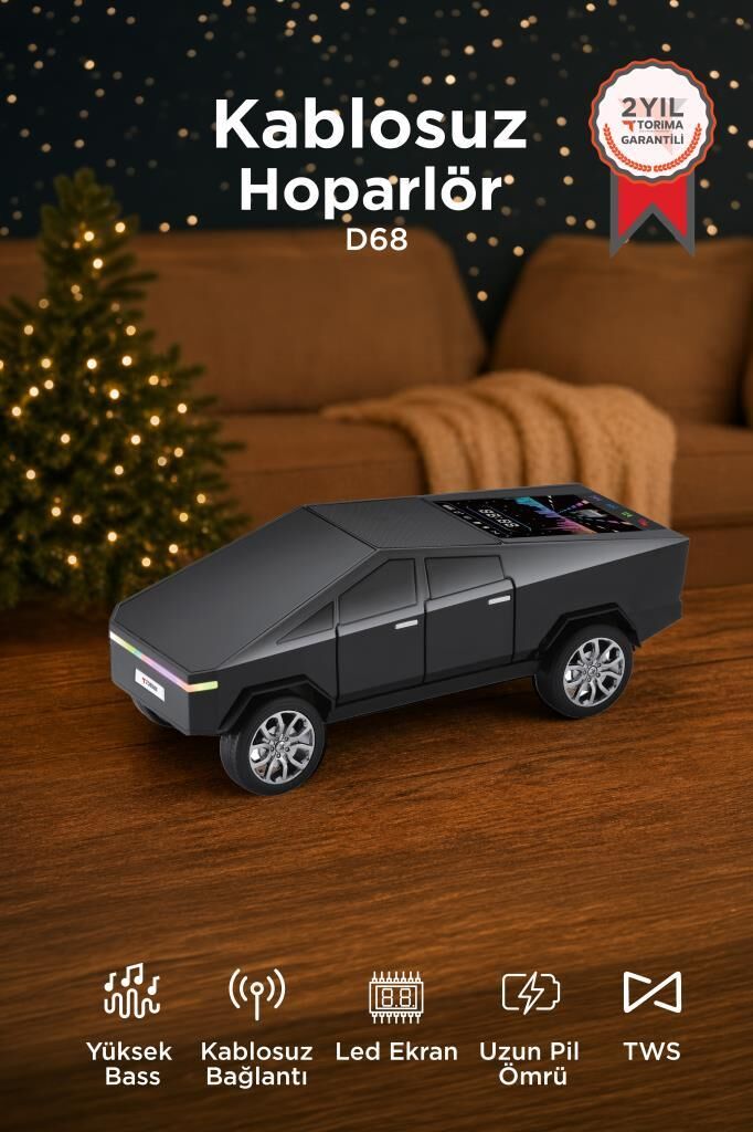 Bluetooth Hoparlör Retro Araba CyberTruck Tasarımlı Rgb Işıklı TWS USB 15W Speaker D68 Siyah