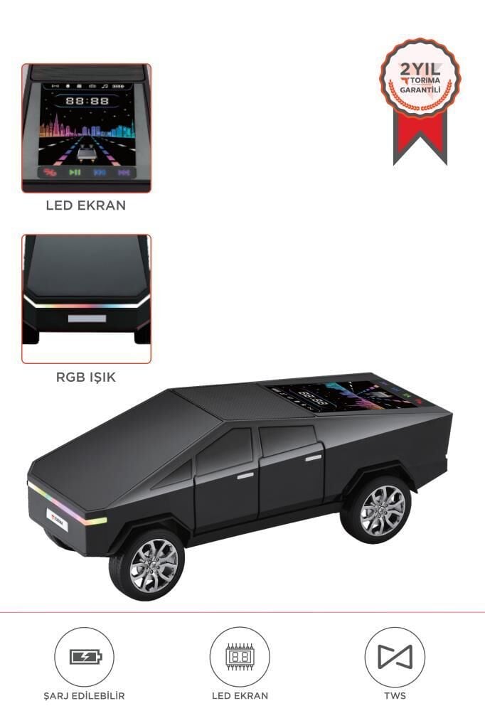 Torima D68 Siyah CyberTruck Araba Tasarımlı Bluetooth Hoparlör 15W Güçlü Ses RGB LED /TWS/USB