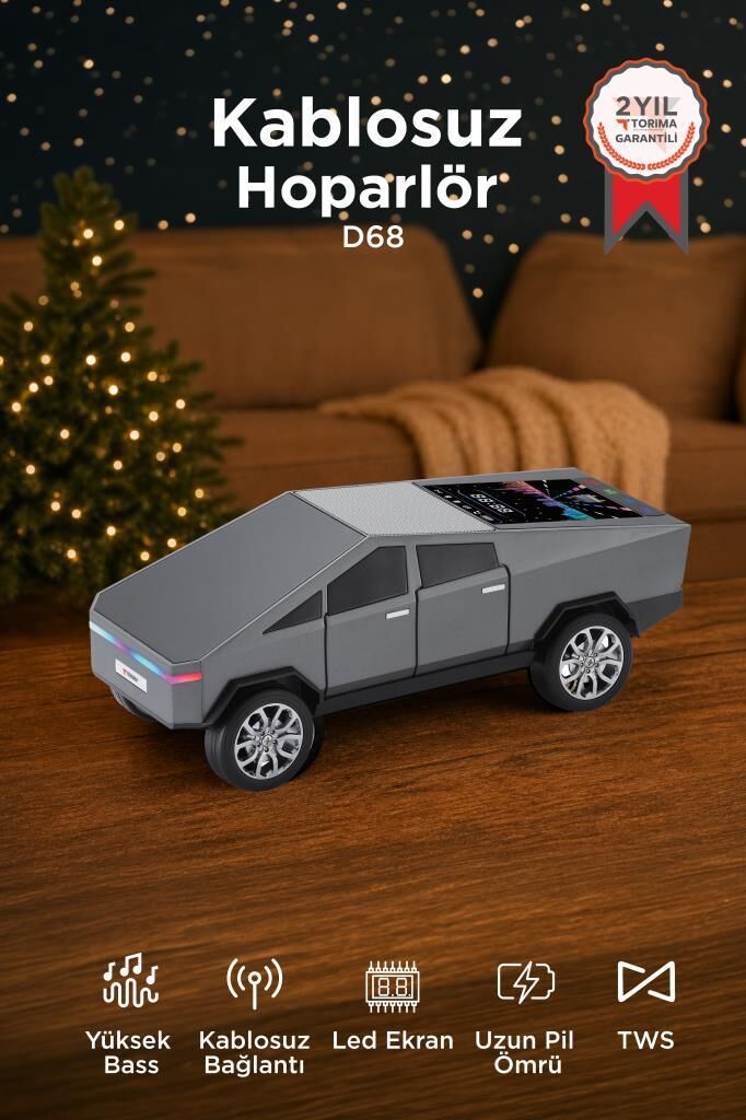 Bluetooth Hoparlör Retro Araba CyberTruck Tasarımlı Rgb Işıklı TWS USB 15W Speaker D68 Gri