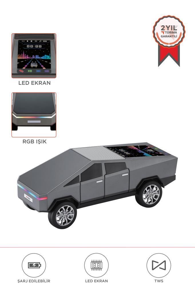 Bluetooth Hoparlör Retro Araba CyberTruck Tasarımlı Rgb Işıklı TWS USB 15W Speaker D68 Gri