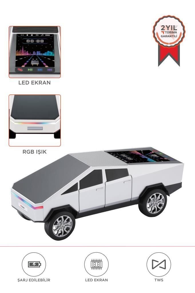 Bluetooth Hoparlör Retro Araba CyberTruck Tasarımlı Rgb Işıklı TWS USB 15W Speaker D68 Beyaz