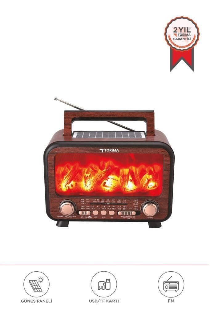 Bluetooth Hoparlör Nostaljik Solar Panelli Speaker D72 Koyu Ahşap