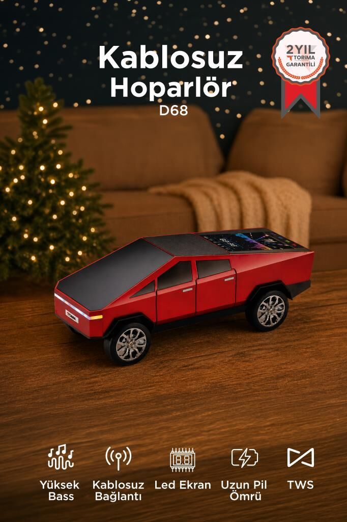 Bluetooth Hoparlör Retro Araba CyberTruck Tasarımlı Rgb Işıklı TWS USB 15W Speaker D68 Kırmızı