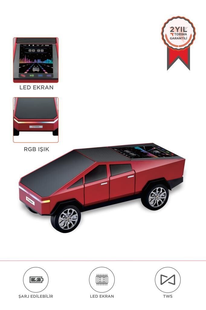Torima D68 Kırmızı CyberTruck Araba Tasarımlı Bluetooth Hoparlör 15W Güçlü Ses RGB LED /TWS/USB