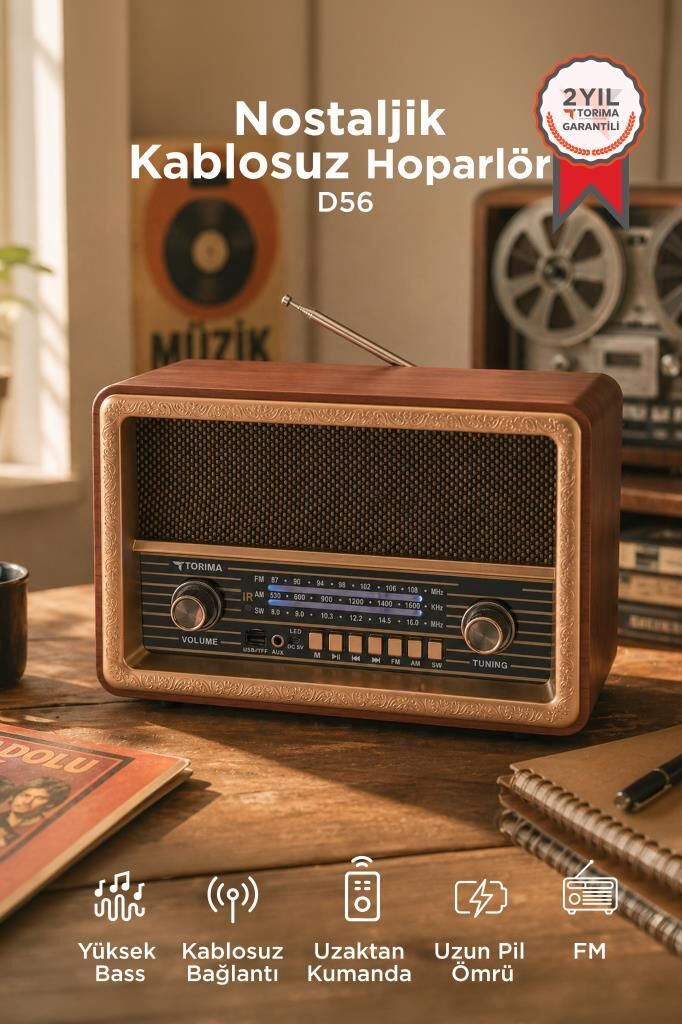 Bluetooth Hoparlör Nostaljik Radyo Uzaktan Kumandalı TWS USB TF Destekli Speaker D56 Ahşap