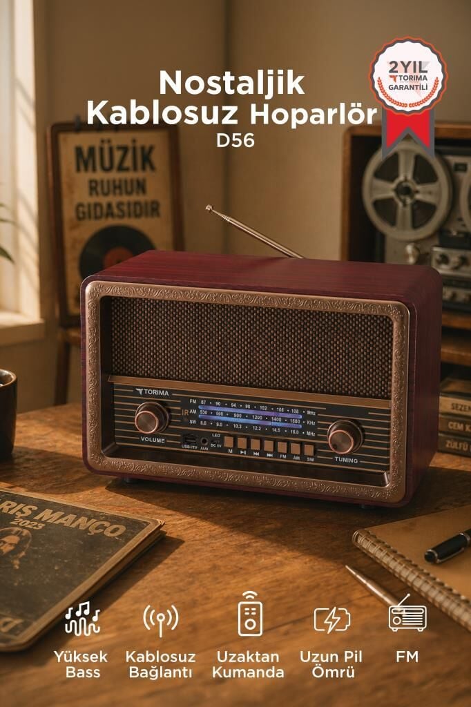 Bluetooth Hoparlör Nostaljik Radyo Uzaktan Kumandalı TWS USB TF Destekli Speaker D56 Kahverengi