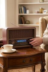 Torima Bluetooth Hoparlör Nostaljik Radyo Uzaktan Kumandalı TWS USB TF Destekli Speaker D56 Kahverengi