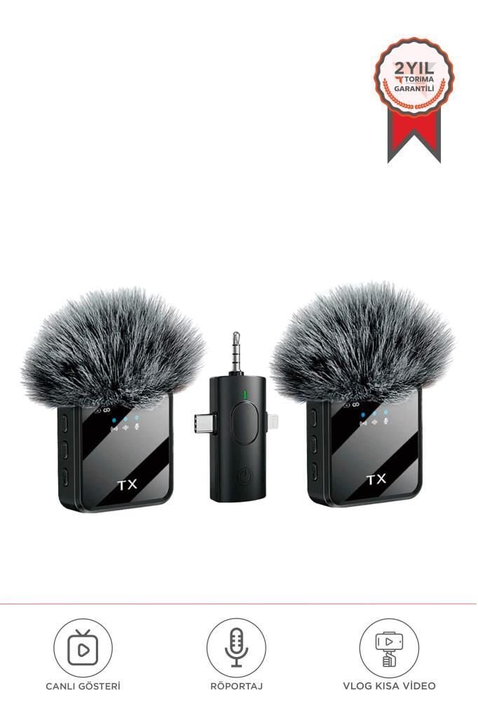 Yaka Mikrofonu Type-C Lightning Aux 2 Adet 3IN1 Kablosuz Mikrofon F11-2 Siyah