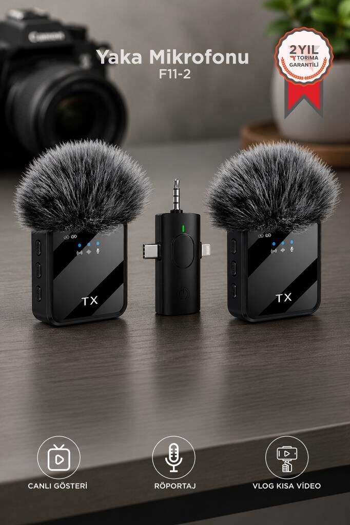 Yaka Mikrofonu Type-C Lightning Aux 2 Adet 3IN1 Kablosuz Mikrofon F11-2 Siyah