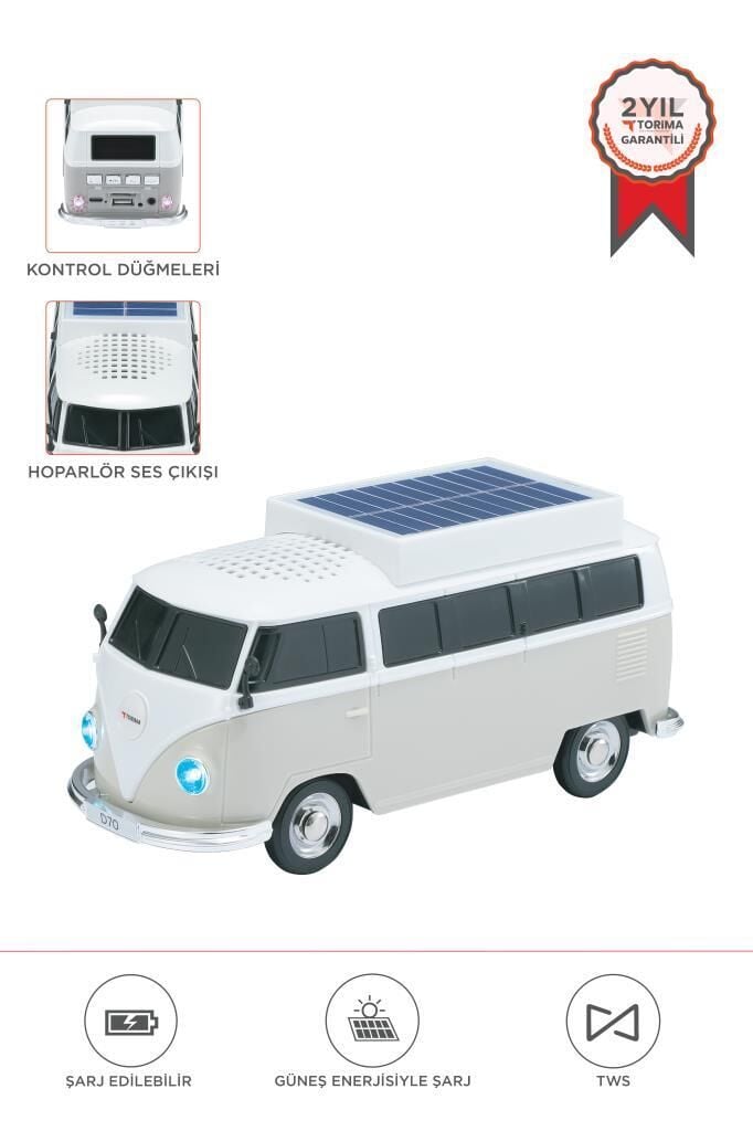 Bluetooth Hoparlör Retro Araba Vosvos Tasarımlı Solar Şarjlı Speaker D70 Bej