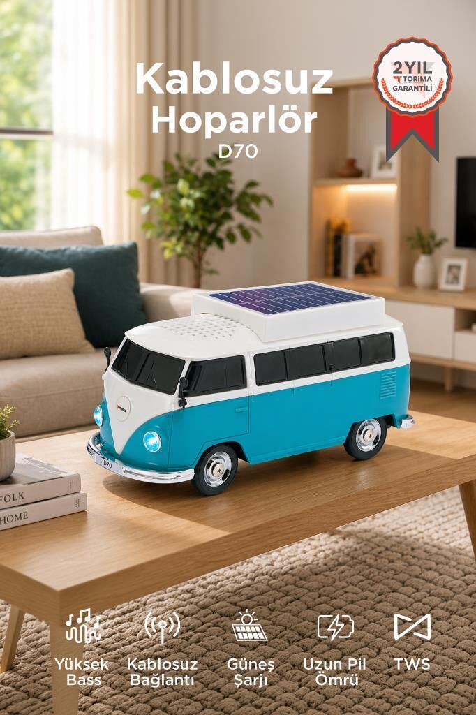 Bluetooth Hoparlör Retro Araba Vosvos Tasarımlı Solar Şarjlı Speaker D70 Yeşil