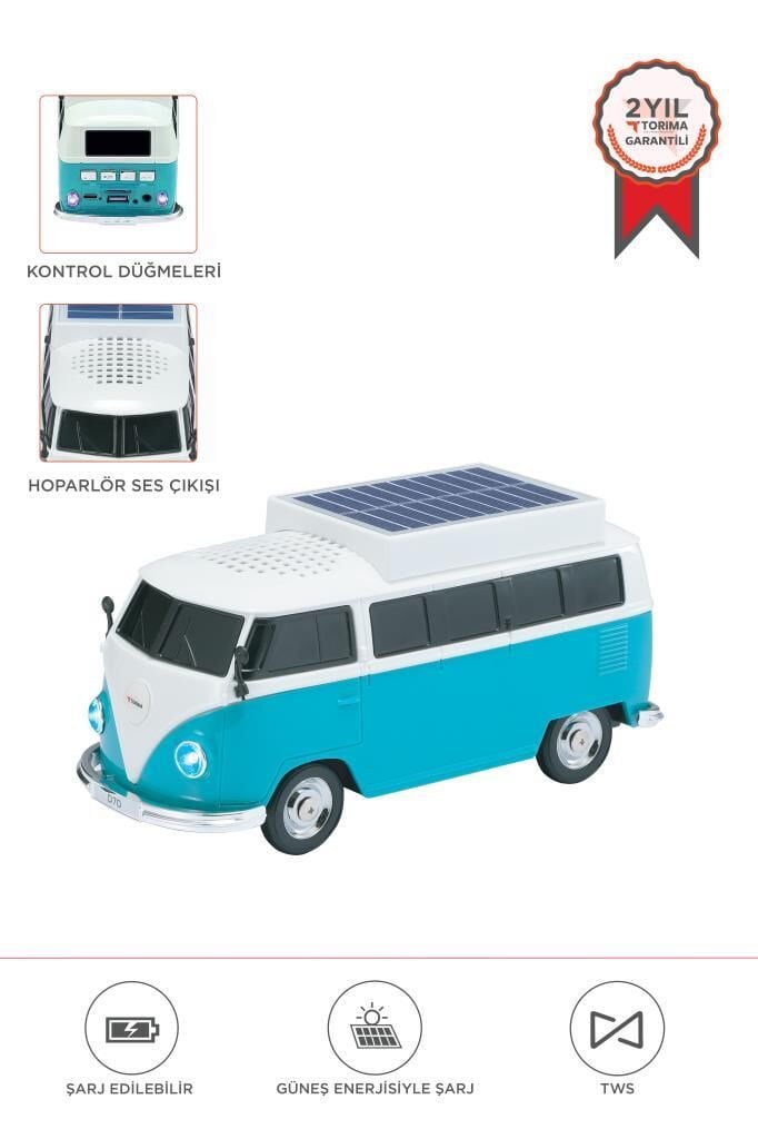 Bluetooth Hoparlör Retro Araba Vosvos Tasarımlı Solar Şarjlı Speaker D70 Yeşil