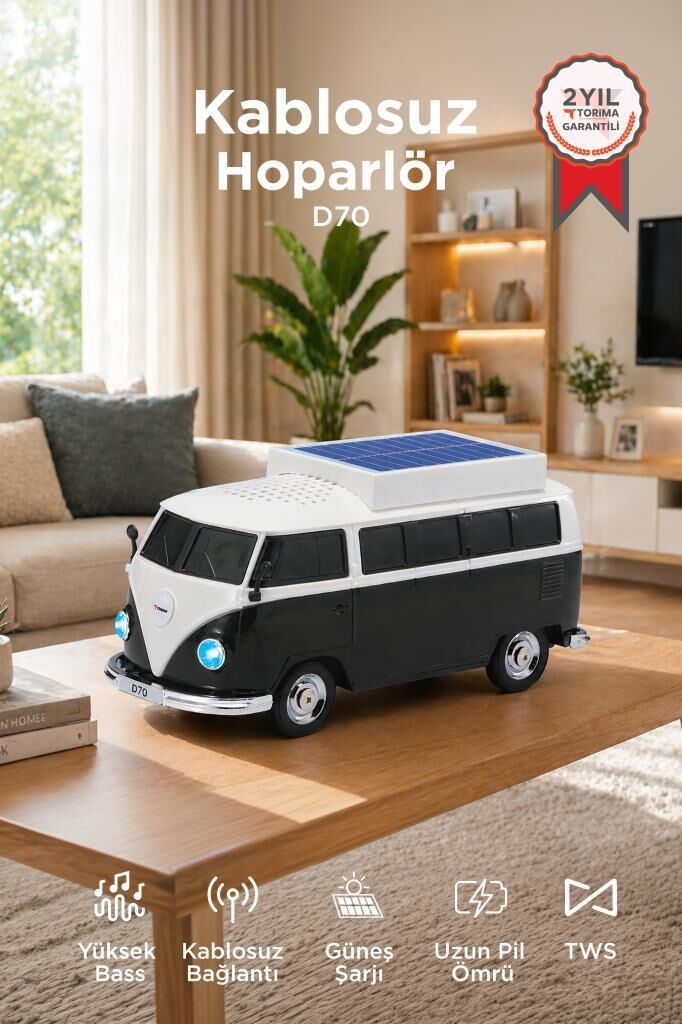 Bluetooth Hoparlör Retro Araba Vosvos Tasarımlı Solar Şarjlı Speaker D70 Siyah