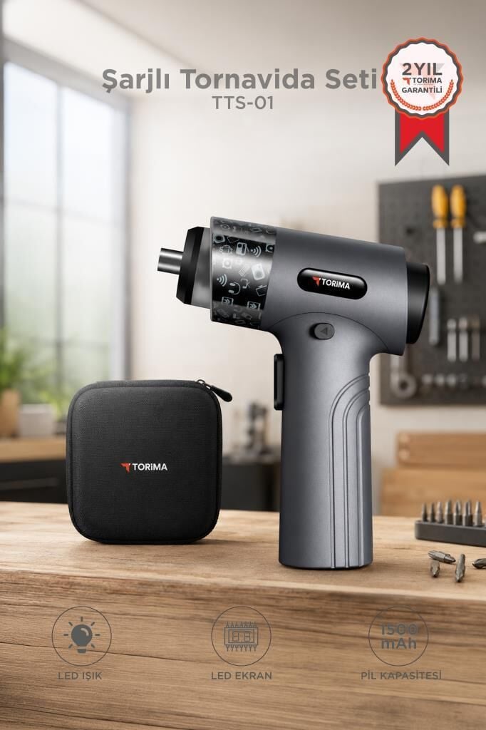Şarjlı Tornavida Seti 30 Parça Type C Şarjlı Led Işıklı Mıknatıslı Torima TTS01 Gri