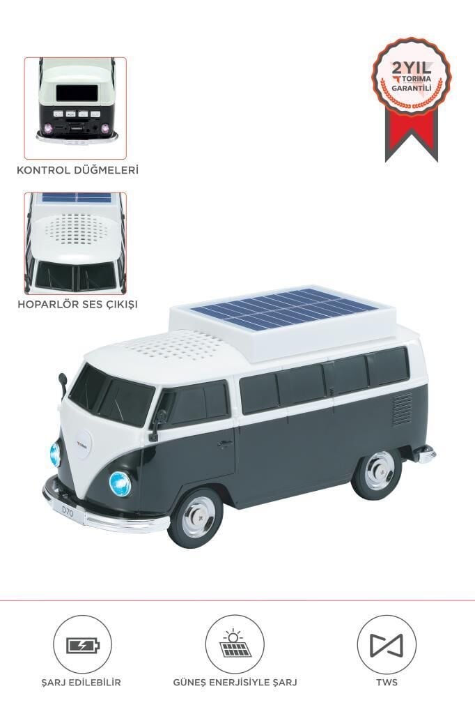 Bluetooth Hoparlör Retro Araba Vosvos Tasarımlı Solar Şarjlı Speaker D70 Siyah