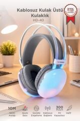 Bluetooth Kulaklık Kulak Üstü Rgb Işıklı Kablosuz Kulaklık HD40 Beyaz