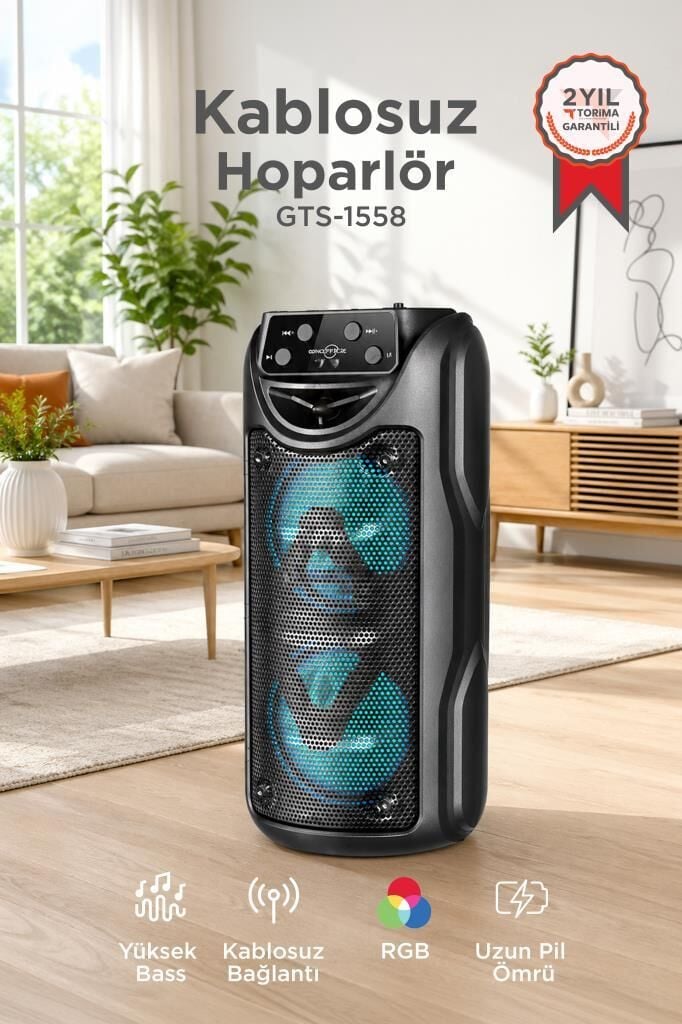 Bluetooth Hoparlör Rgb Işıklı 3 INC Taşınabilir Parti Speaker GTS-1558 Siyah
